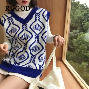

RUGOD New FashionWomen sweater vest Korean V neck sleeveless pullover tank tops chic printed Pullover And Jumper female 2019