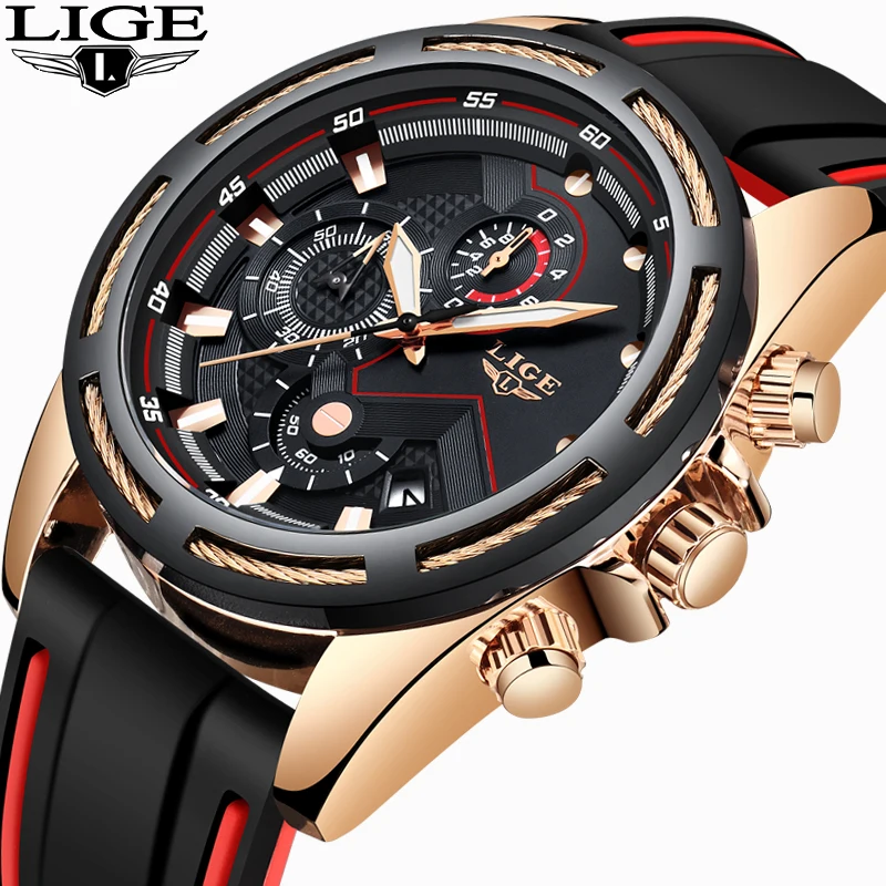 Мужские Аналоговые кварцевые часы-хронограф LIGE с датой светящиеся стрелки