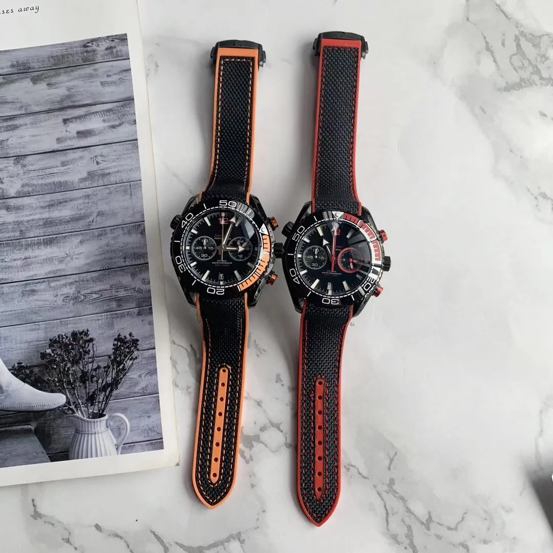

Luxury Brand New 007 Men Watch Ceramic Bezel Stainless Steel Orange Red Canvas Rubber Chronograph Sapphire Watches Black Case