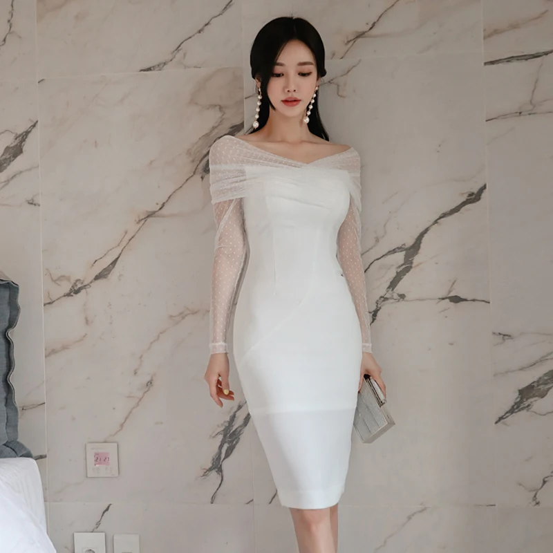 New Women Elegant White Lace Slash Neck Bodycon Formal Party Dress ...