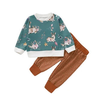 

Xmas Elk Newborn Baby Girl Cotton Casual Clothes Green Floral Top T-Shirt Long Pants Brown Dots Trousers 2Pcs Outfit Kids Set