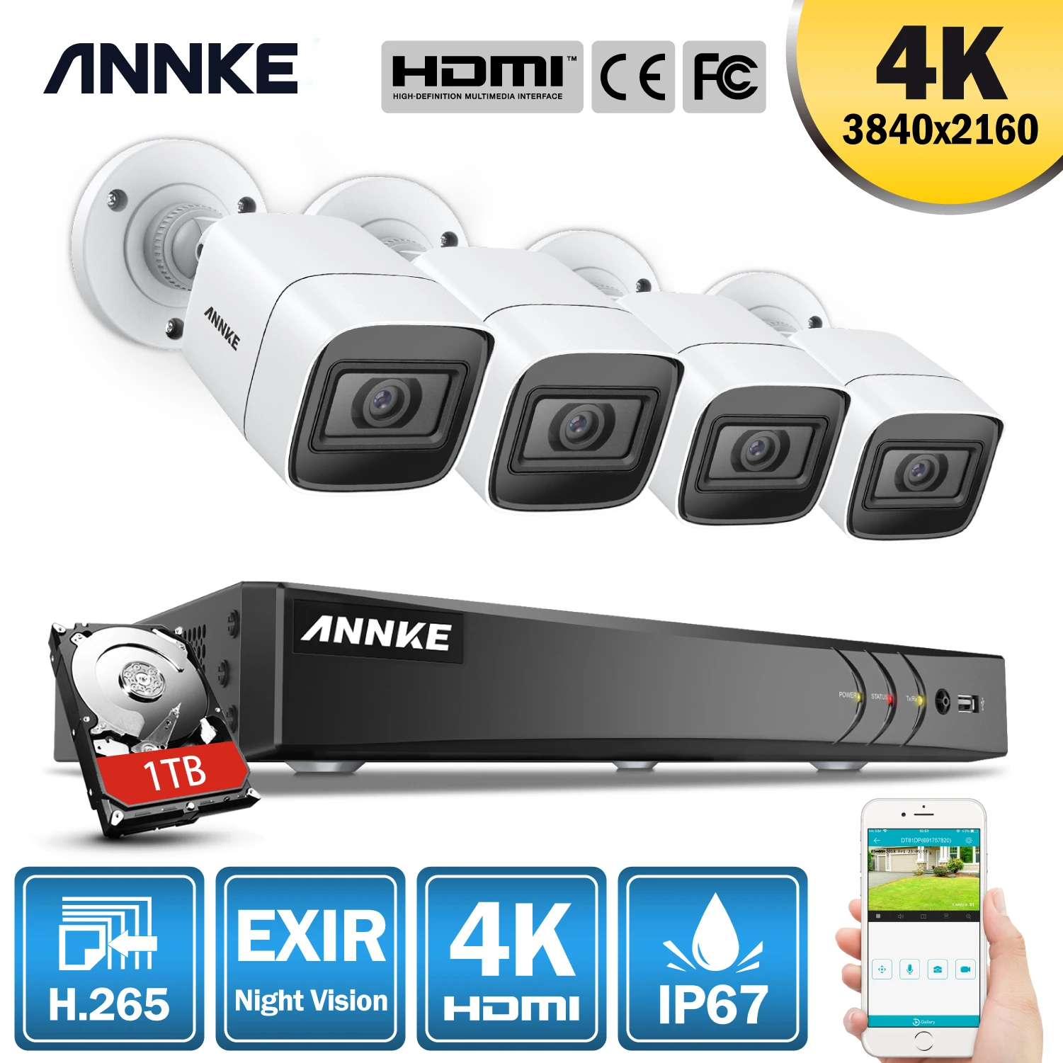 Камера видеонаблюдения ANNKE 4K Ultra HD 8 каналов DVR H.265 4 шт. IP67 МП|Система наблюдения| |