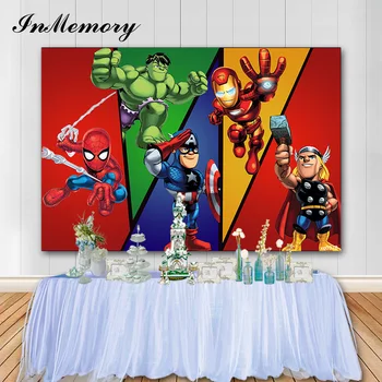 

InMemory Superhero Photography Backdrop The Avengers Spiderman Iron Man Thor Party Photo Background Vinyl Birthday Banner 7X5FT