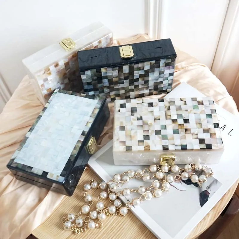 

New Ladies Handbags Shell Clutch Mini-box Satchel Women Luxury Pearls Chain Acrylic Shoulder Dinner Evening Clutches TNT39