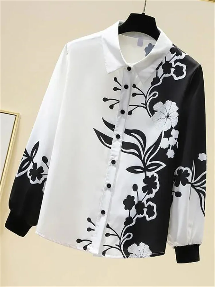 Black White Printing Imitation Silk shirt Ladies Spring New Shirt Mulberry OL Top Floral Print Basic Blouses Female |