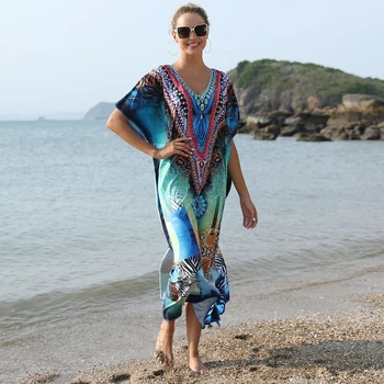 

2020 New Swimsuit Cover Up Summer Beach Wear Print Beach Dress Women Bikini Cover Up Long Tunics Loose Plus Size Beach Cover Up