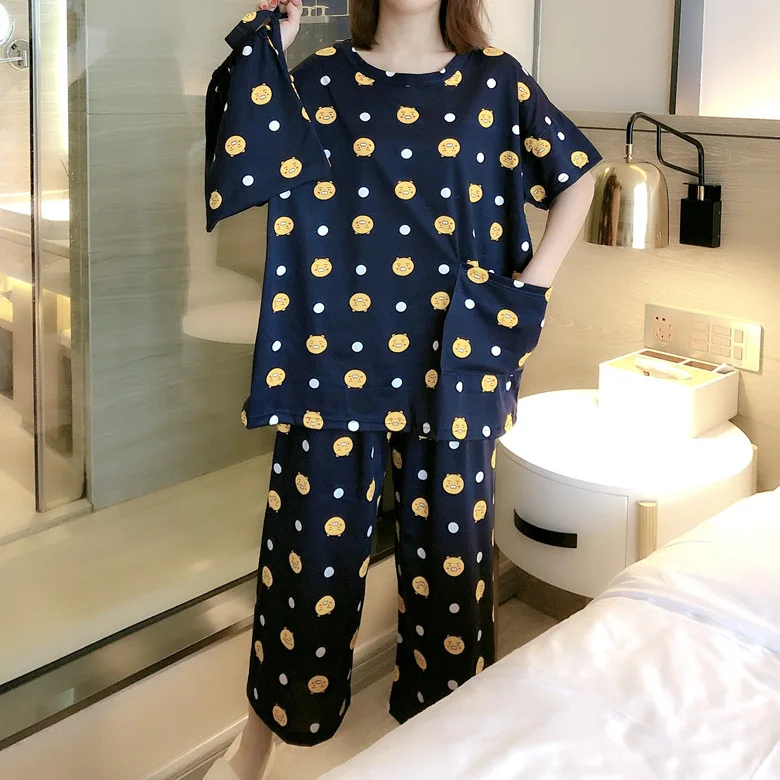 

Cloth Bag Pajamas Female Summer Short Sleeve Trousers Dark Blue Bear M -Xxl Selfie Original 2-Color