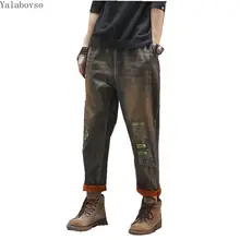 Зимние плотные джинсы с бархатом для женщин, винтажные джинсы, свободные прямые джинсы с вышивкой и эластичной резинкой на талии, A0BZ4