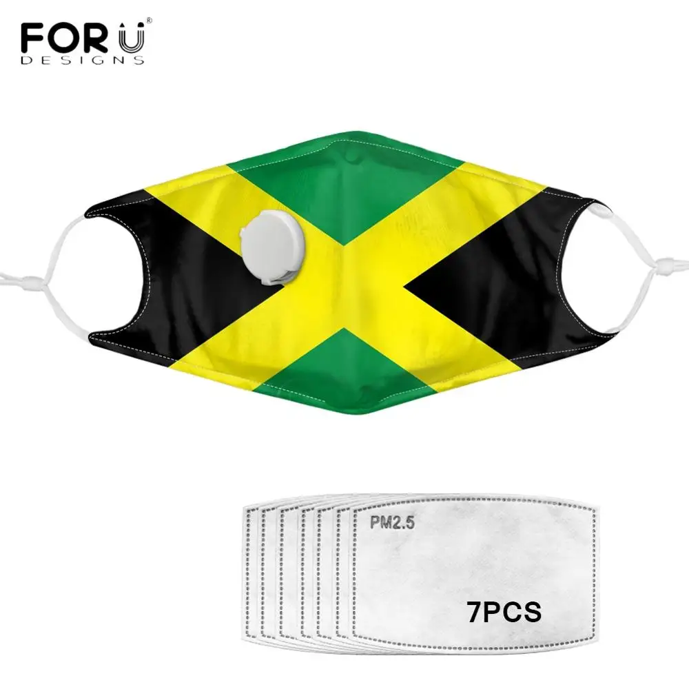 

FORUDESIGNS Jamaica Flag printed Adults Breath Valve for Mouth Masks With 7Pcs PM2.5 Filter Respirator Mouth-muffle Mask Face