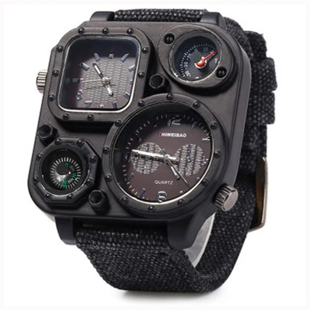 

Sports Watch Military Two Time Zone Compass Personality Big Dial Black Quartz Watch Men Gift Canvas Strap 2019 Male Wrist Watch