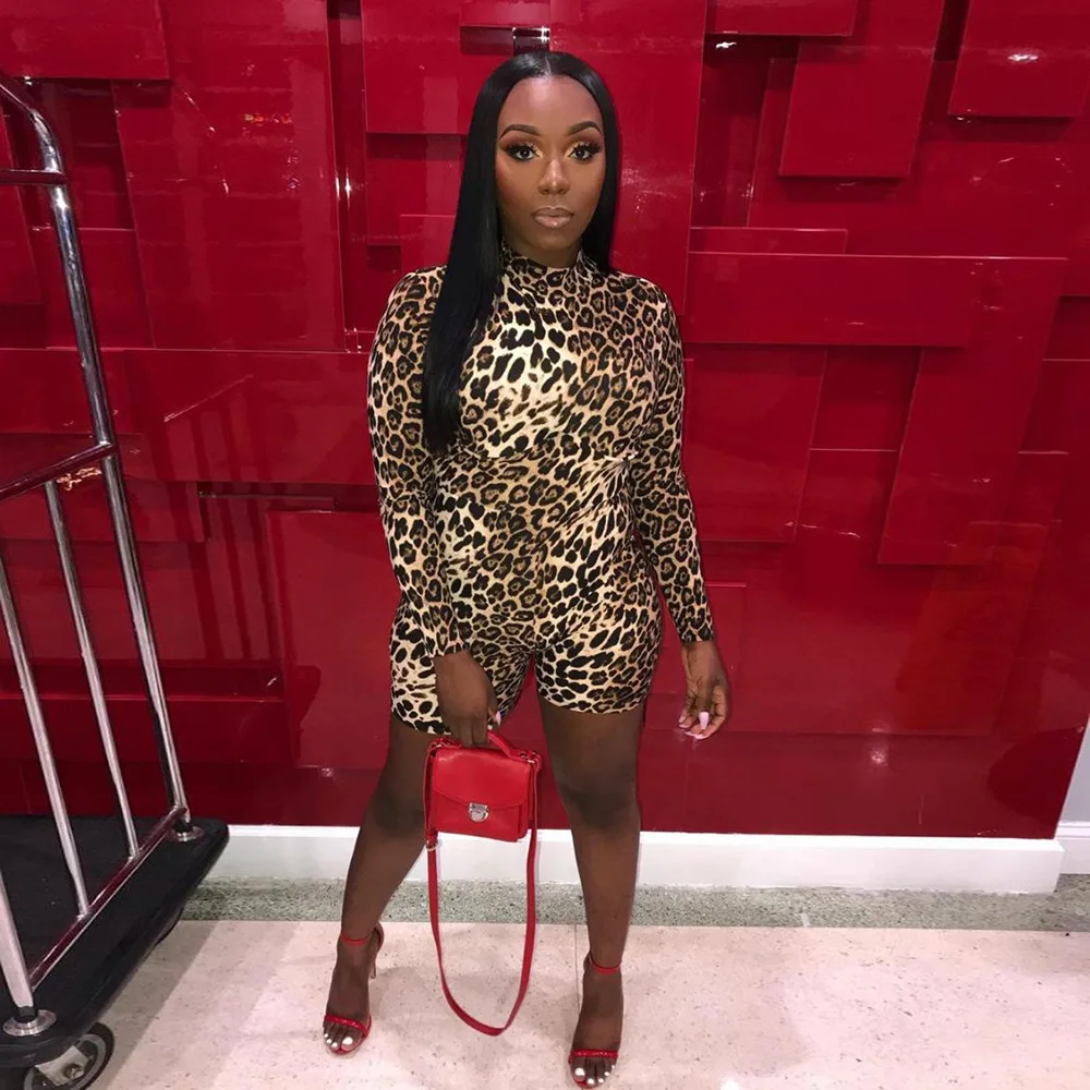 ANJAMANOR Cheetah Print Sexy Rompers Playsuit Fall Clothes for Women Clubwear High Neck Long Sleeve Bodycon Jumpsuit D83-I62