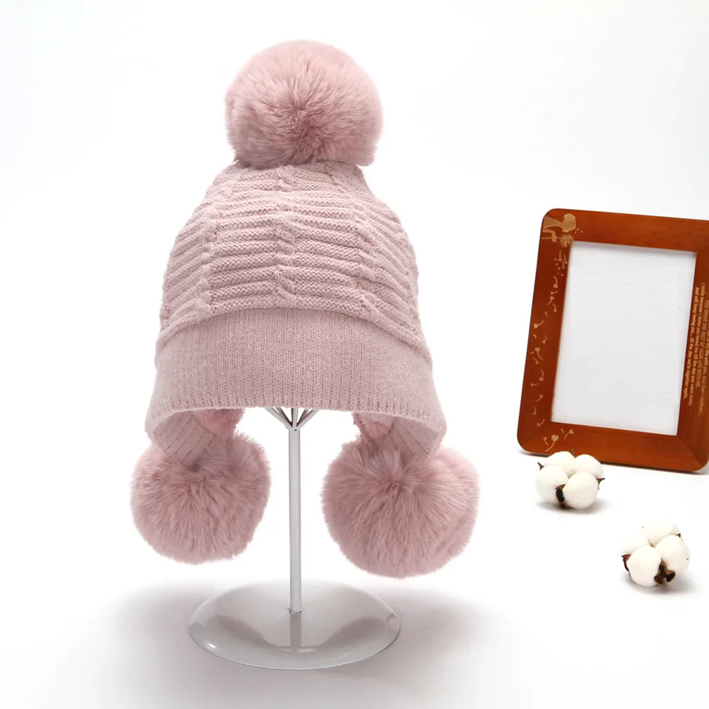 

2019 Winter Hats For Women Pink Hairball Knitted Beanies Hat Girls Autumn Female Thick Ear Caps Warmer Bonnet Casual Cap