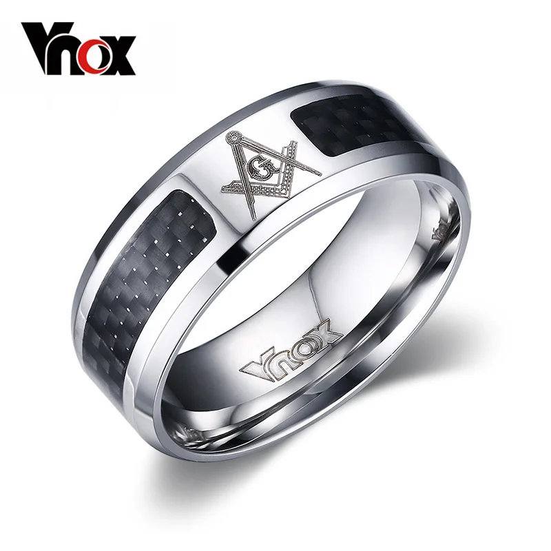 Vnox Masonic Men Ring Stainless Steel & Carbon Fiber 8mm Punk Male Jewelry US size 4 5 6 7 8 9 10 11 12