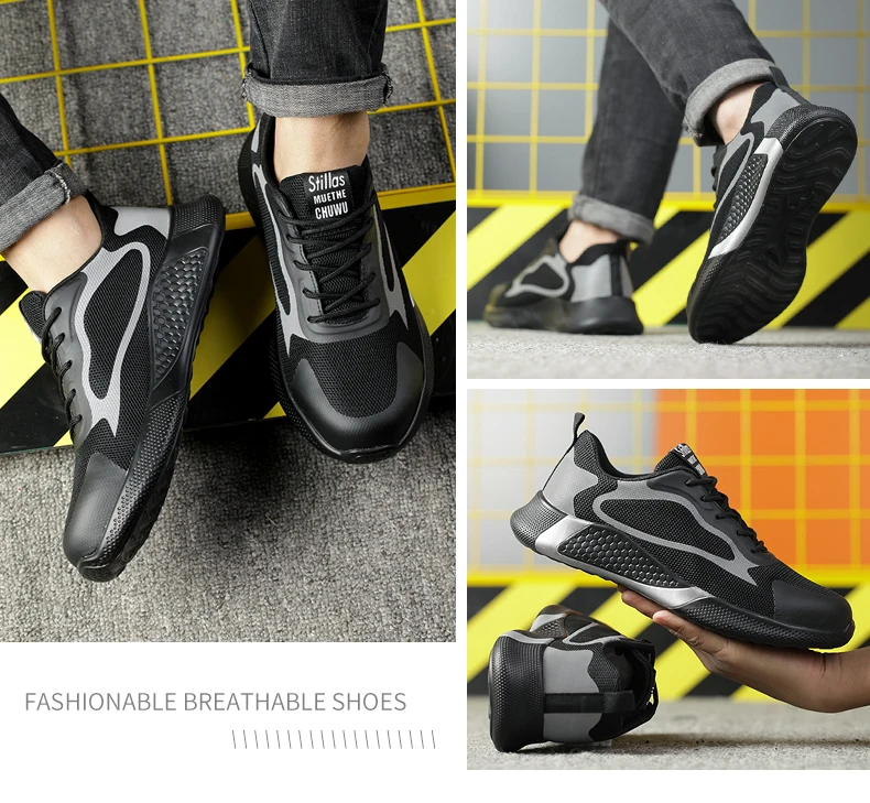 Fashion Men's Work Sneakers Mesh Breathable Safety Shoes Men Steel Toe Work Shoes Industrial Anti-smashing Safety Work Boots Man