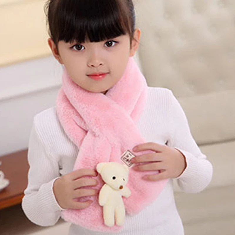 

Autumn Winter New Imitation Rabbit Hair Children'S Scarf Baby Boys Girls Plush Little Bear Neck Warm Scarves Pure Color