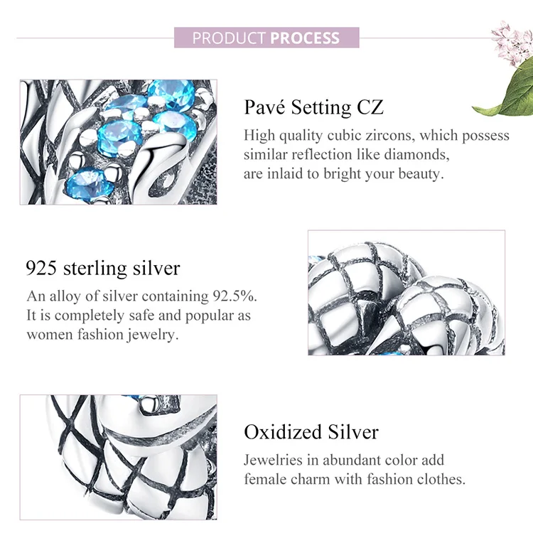 Fit Pandora браслет серебро 925 Синий Циркон панк бусины с имитацией змеиной шкуры S925 Винтаж яростное животное подвески для DIY ювелирных изделий