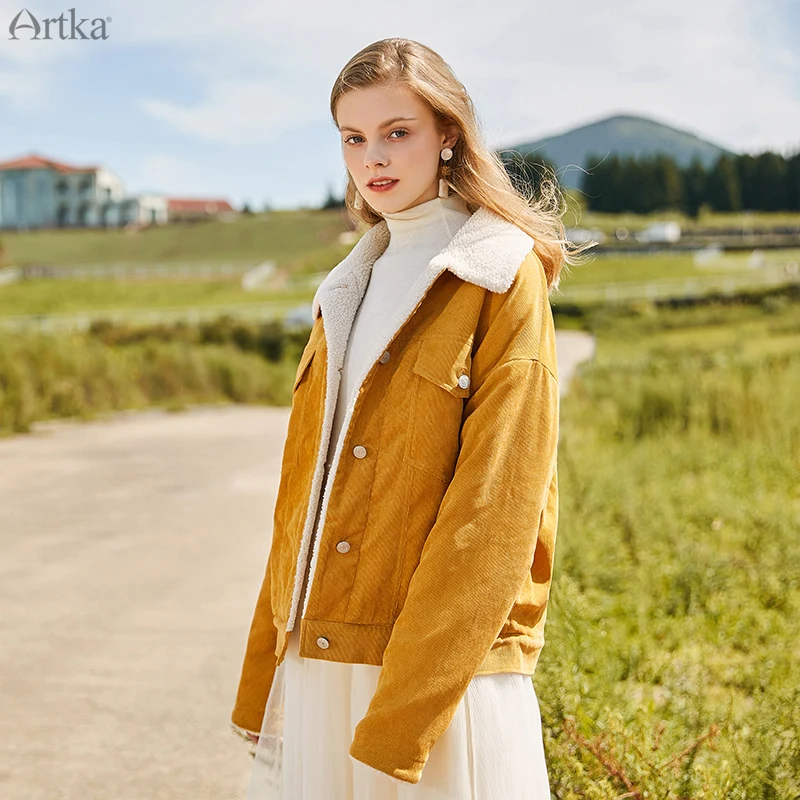 ARTKA, зимнее Новое Женское пальто, модное, короткое, утолщенное, теплое, вельветовое, верхняя одежда, повседневное, из овечьей шерсти, куртка-бомбер для женщин, W110092D