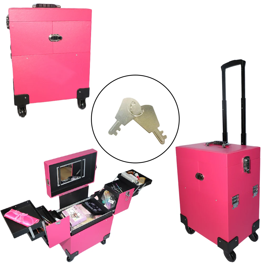 

Portable Aluminum Cosmetic Makeup Case Tattoo Box with PVC Mirror Organizacion Storage Organizer Pink/Black Free shipping