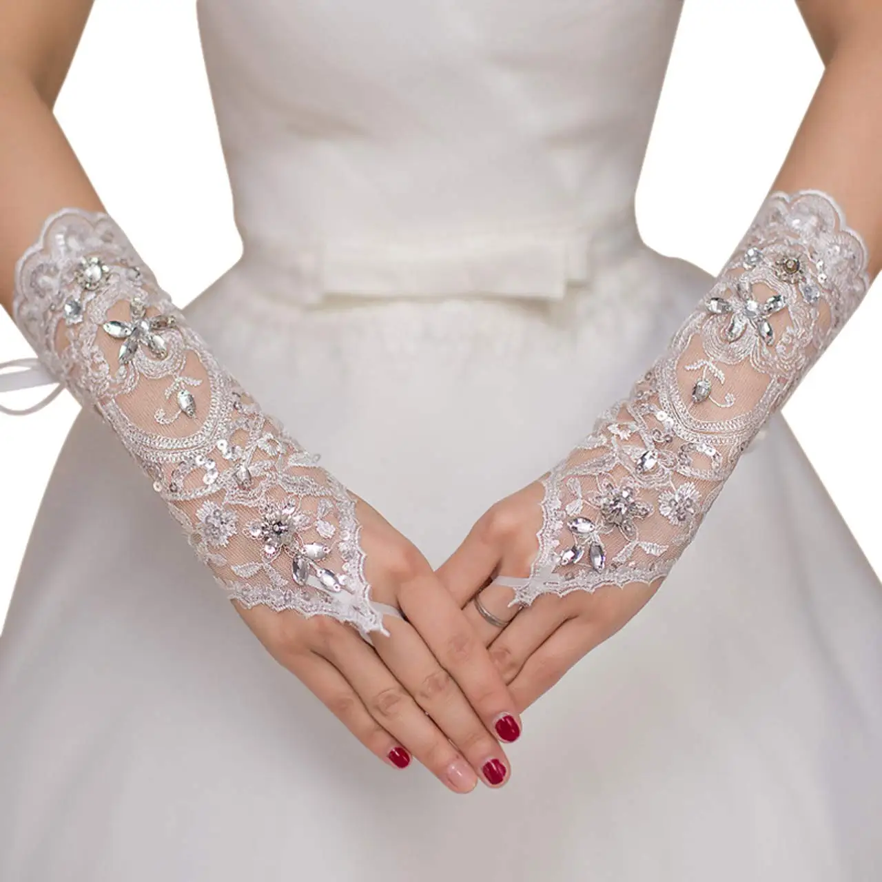 

Lace Gloves Bridal Fingerless Gloves Tulle Crystal Sequins Prom Party Wedding Gloves