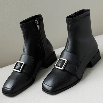 

Genuine leather buckle strap women brand ankle boots round toe British school young lady preppy Chelsea boots shoes for women