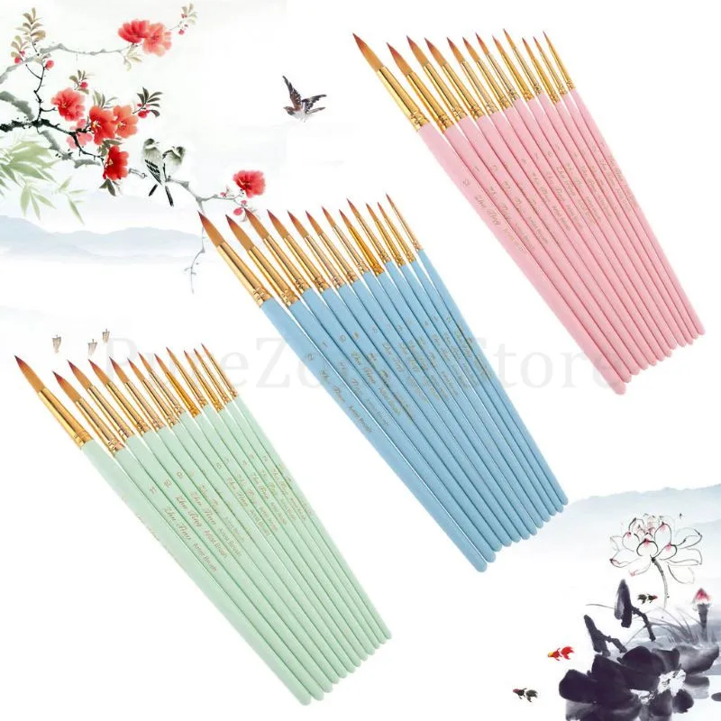 12 Uds. Pintura al óleo de pinceles de punta redonda para acuarela, conjunto de pinceles de pelo de nailon de diferentes tamaños, herramienta de dibujo fino