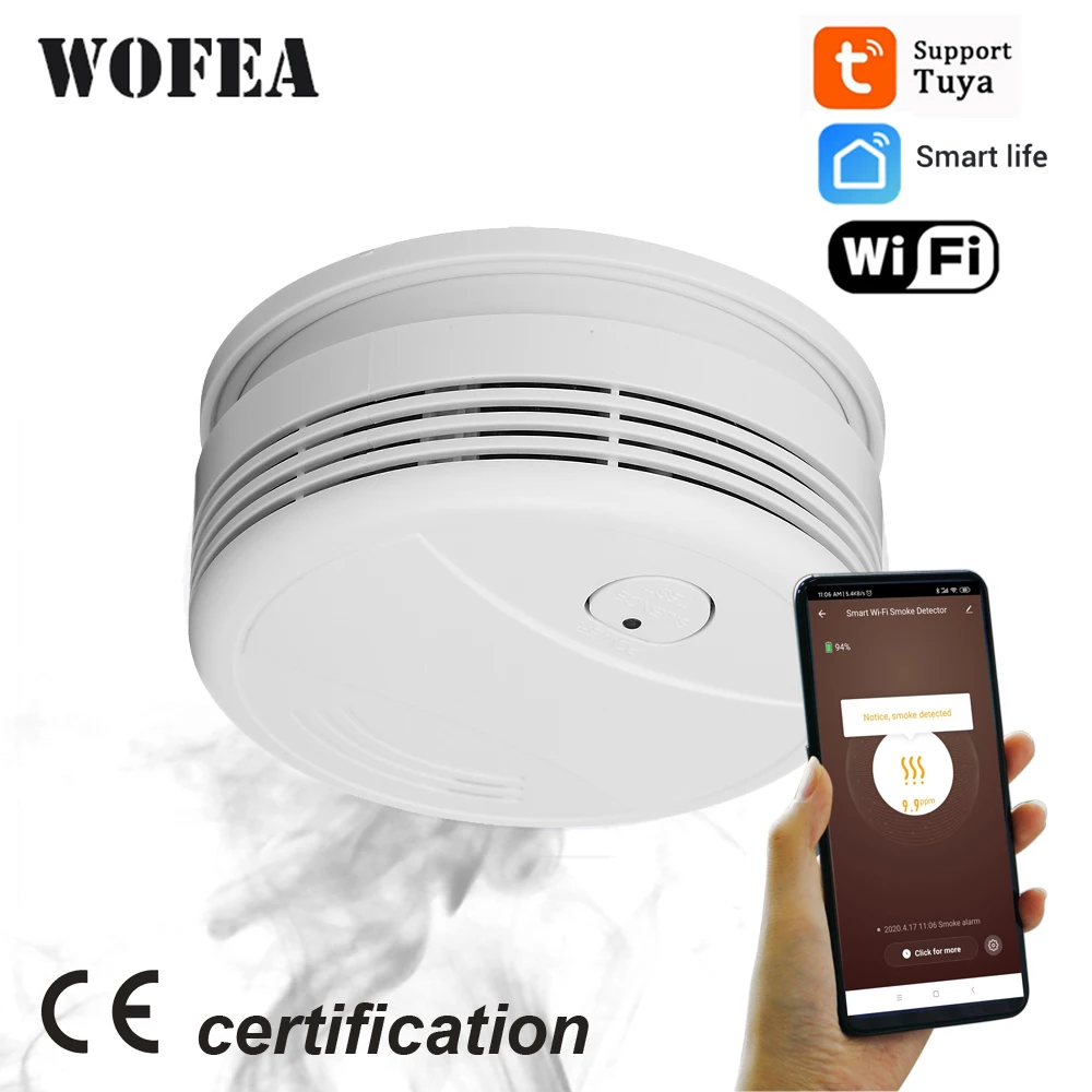 Wofea-Detector de humo WiFi para el hogar, sistema de alarma de seguridad contra incendios, Sensor de humo inteligente Tuya, aplicación de mensaje Push, sonido 95db, No necesita concentrador