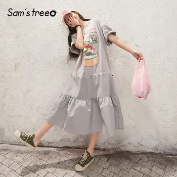 

SAM'S TREE Gray Funny Graphic Print Casual Women Dresses 2020 Summer New Drawstring Waist Half Sleeve Ladies Korean Daily Dress