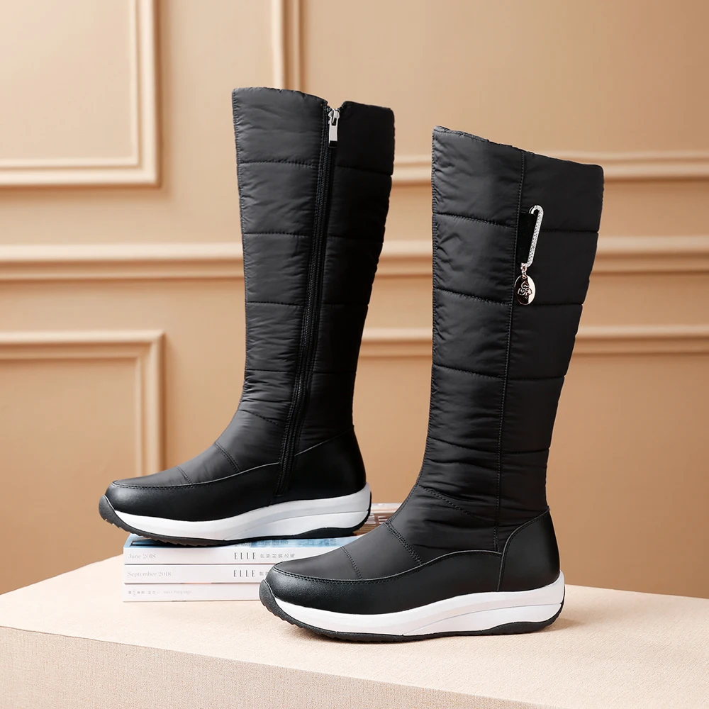 New Fashion Women Knee High Boots Waterproof Leather Thigh