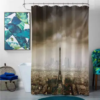 

Shower Curtains Country Theme Eiffel Tower,Paris Skyline Cloudy Cityscape Silhouette European Birds Eye View Realistic,Brown