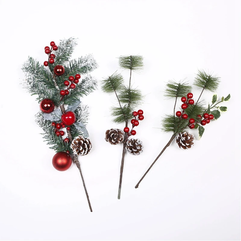 1 комплект, 2 упаковки, красные ягодные стебли, искусственная сосна, украшения для рождественской елки, Рождественская Цветочная композиция, венки, украшение