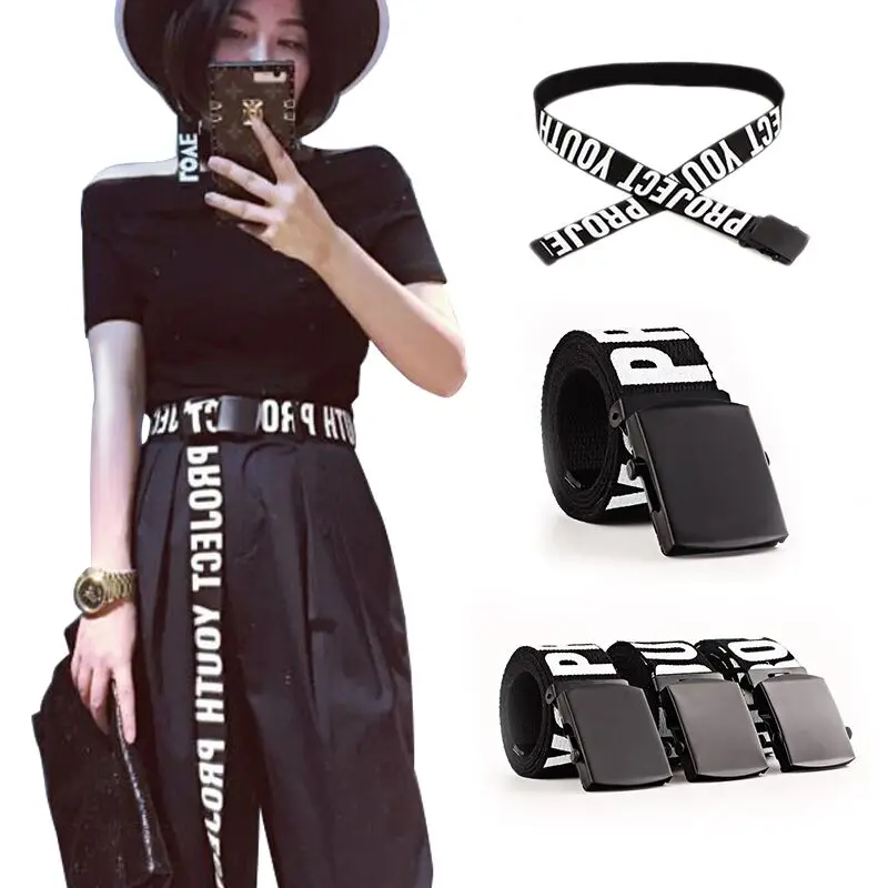 

Woman Gothic Harajuku Street Belt Canvas Punk Letters Printed Decoration Loop Shaped Mental Buckle Jeans Waist Belt 2020 new
