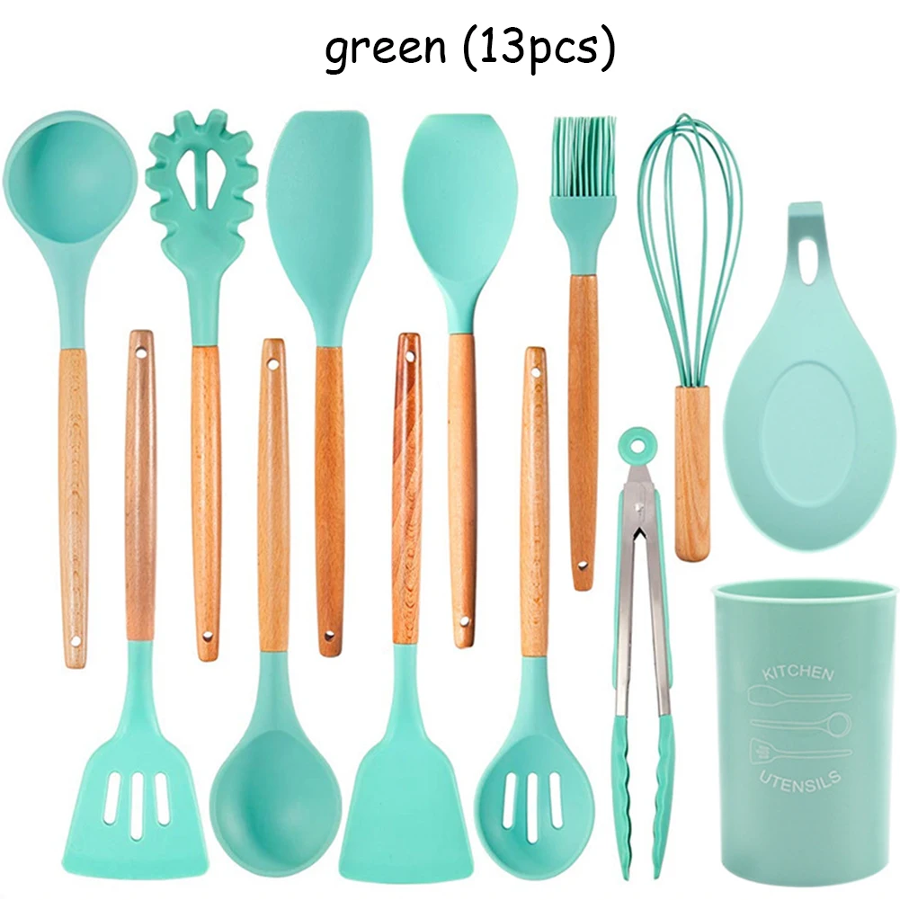 Силиконовые кухонные принадлежности набор жаростойких кухонных принадлежностей с антипригарным покрытием инструменты для выпечки с ящиком для хранения - Цвет: green  13PCS