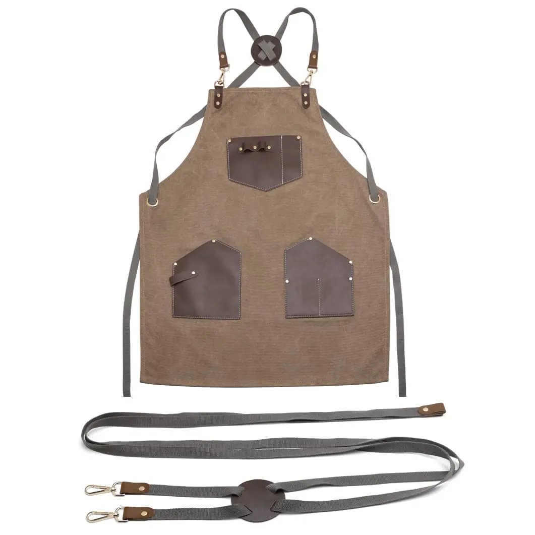 Barber Apron Canvas Cross Back Pinafore with Pockets Multifunction Kitchen Cooking Baking Bib Salon Leather Hairdresser Cape 6