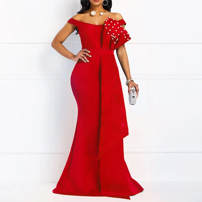 

Bodycon Red Mermaid Lace African Party Dresses Women Evening Elegant Long Sexy Backless Off Shoulder Dresses