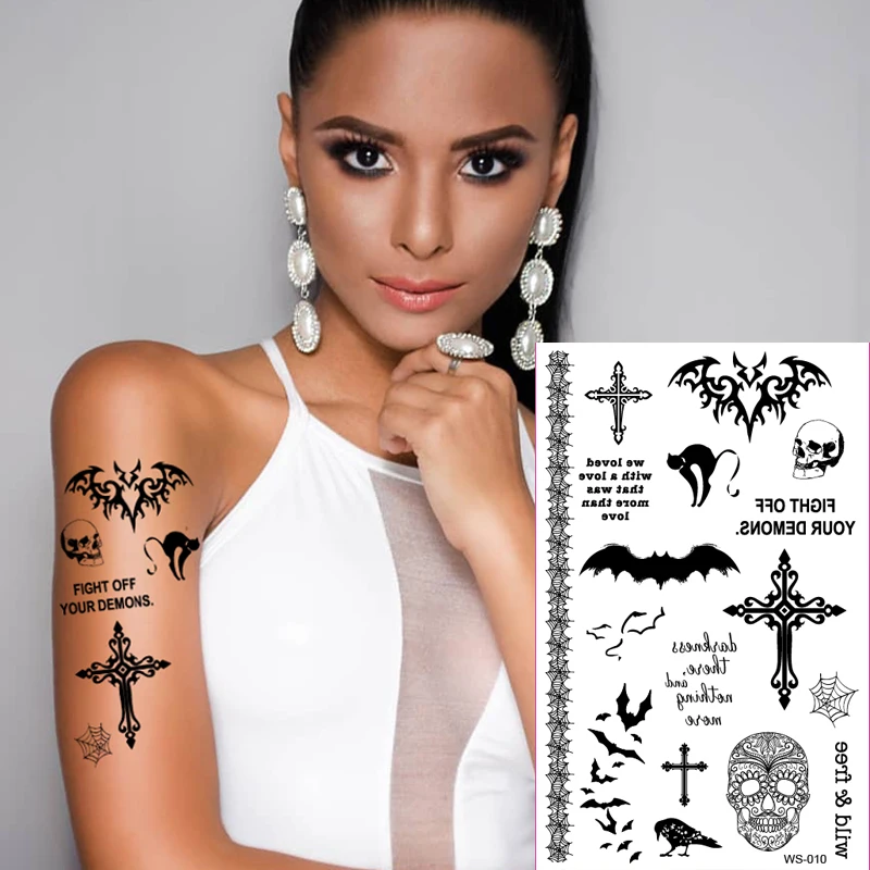 Halloween Tattoos For Women 2022 1sheet 2019 New Halloween Tattoo Mischief Night Vampire Bat Black Cat Skull Flower Arm Tattoos Stickers Body Art Costume Party Sticker Wholesale Stickers Kitchentattoo Body Sticker Aliexpress
