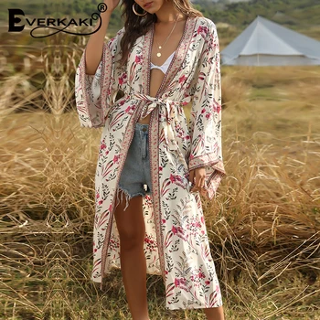 

Everkaki Gypsy Kimonos Coats Boho Floral Print Sashes Ladies Vintage Loose Coat Long Kimono Female Casual 2020 Spring Summer New