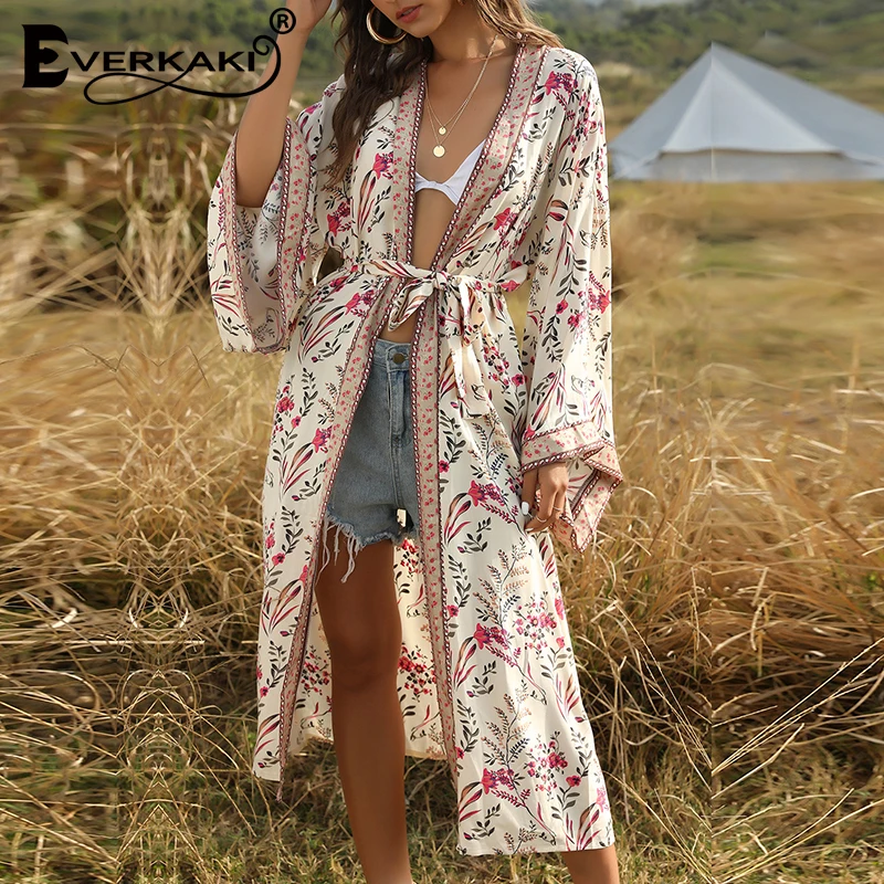 Женское длинное пляжное кимоно Everkaki в стиле бохо с цветочным принтом поясом