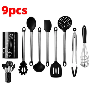 

9 Piece Silicone Kitchen Tool Set Cooking Tool Tableware Set Special Wooden Spatula Soup Handle Spatula Heat-resista Spoon Spoon