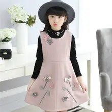 INS/популярное платье для девочек шерстяное платье для девочек от 5 до 13 лет осенне-зимнее платье до колена с круглым вырезом и аппликацией в виде цветов