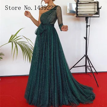 

Green One Shoulder Evening Dress Bling Tulle Long Sleeves Celebrity Formal Dresses Robe De Soiree Evening Party