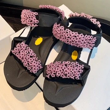 

2020 Brand Women Summer Sandals Open Toe Ankle Strap Pearl Flower Thick Bottom Flat Shoes Woman Comfortable Casual Sandals 35-39