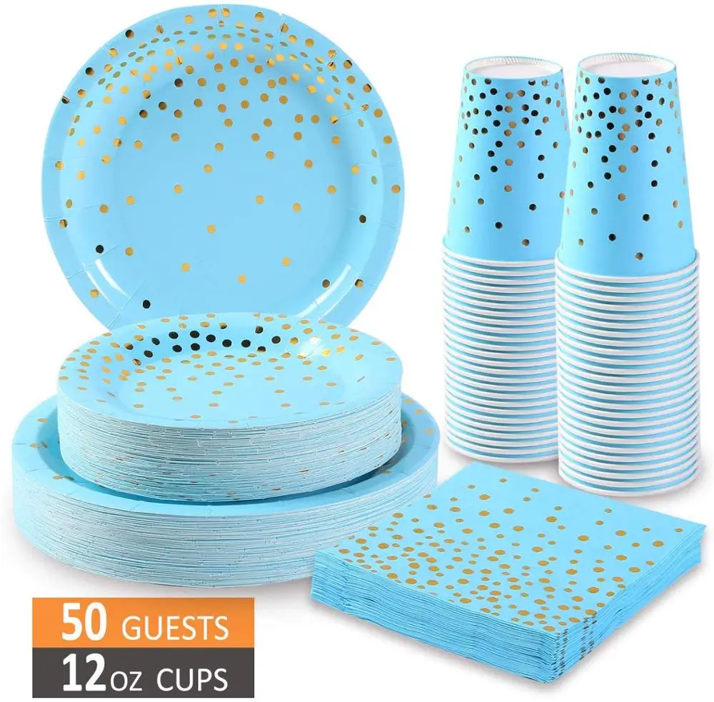 

Blue and Gold Party Supplies 200Pcs Disposable Blue Paper Plates 12oz Cups Napkins Dinnerware Set Golden Dot Theme Serves 50