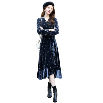 

2020 Fall Women's New Fashion V-neck Long Sleeve Temperament Elegant Slim Velvet Dress Trend Simple Comfortable Warm Dress M-XXL
