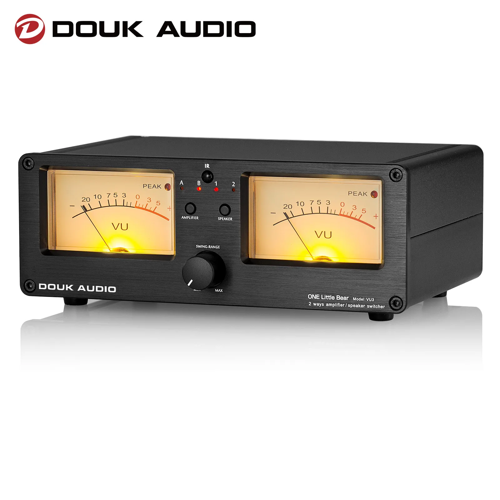 Douk Audio Dual Analog VU Meter Sound Level DB Panel Display 2-way Amplifier / Speaker Switcher Box Selector W/ Remote Control |