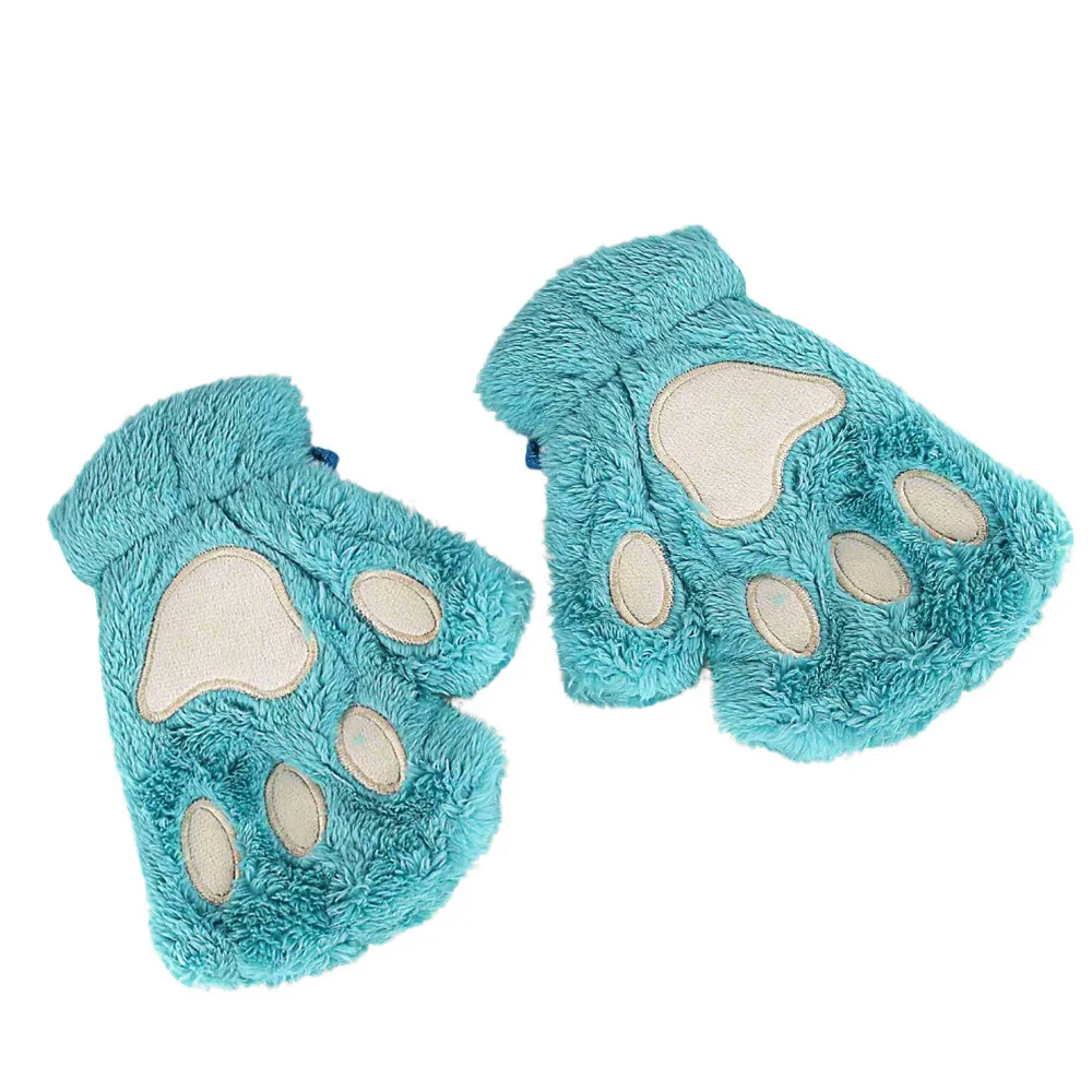 Женские бархатные Утепленные перчатки на половину пальца, сохраняющие тепло, милые кошачья лапа с когтями, плюшевые варежки, мягкие перчатки на половину пальца - Color: Blue