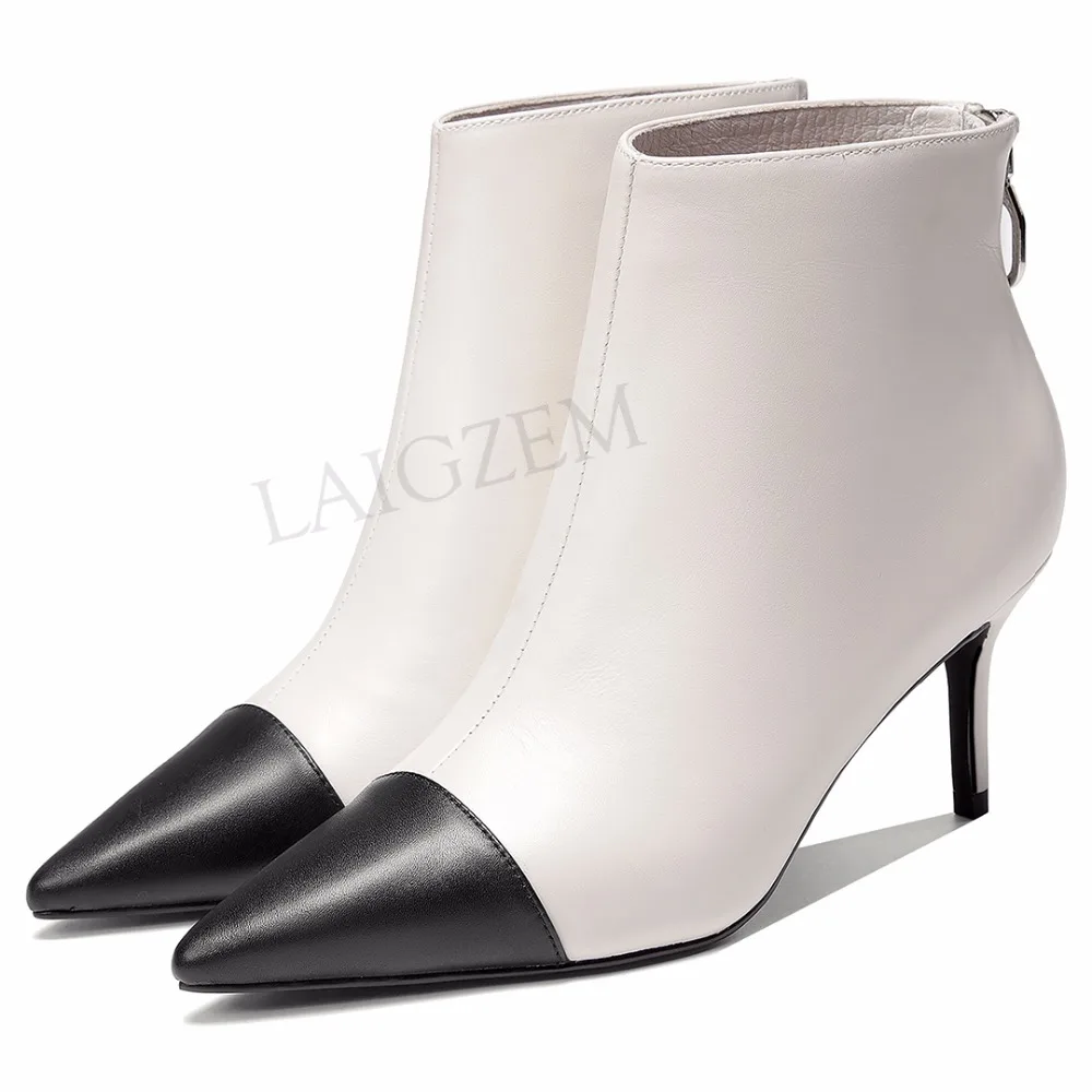LAIGZEM/женские ботинки из натуральной кожи; Лоскутные Ботинки на каблуке-рюмочке; Botines; зимние ботинки; обувь на молнии сзади; женская обувь; botas mujer; Размер 34 39