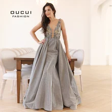 Дубай серое блестящее Сверкающее Русалка сексуальное женское вечернее платье с v-образным вырезом Аппликации арабский халат вечерние платья OL103259