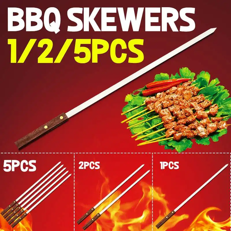 60CM Stainless Steel Wide BBQ Skewers Long Wood Handle Grill Kebab Fork Stick