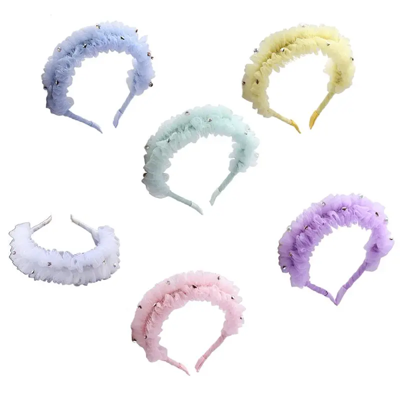 

Womens Ruffles Mesh Rhinestone Beaded Headband Wrinkled Candy Color Hair Hoop B95F