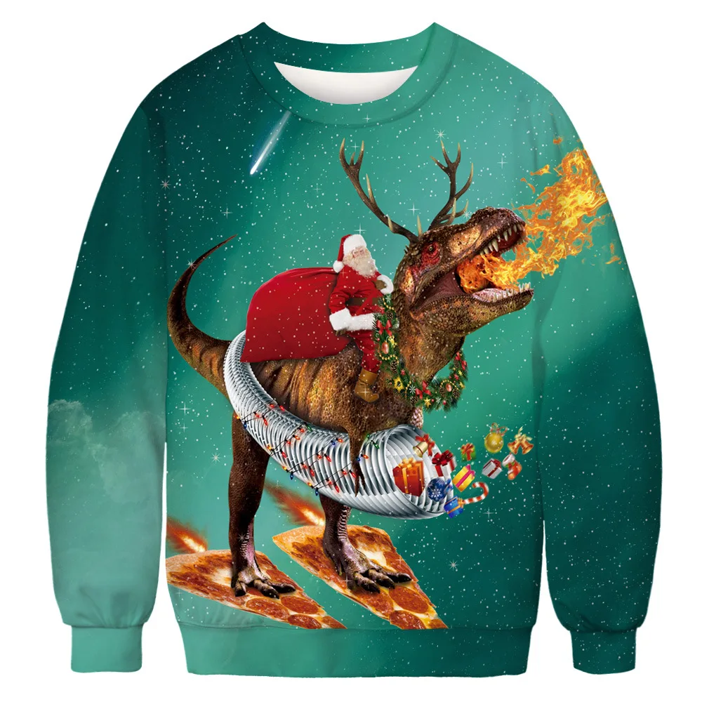 Уродливый Рождественский свитер с 3D принтом динозавра, топы для мужчин и женщин, Рождественский пуловер с капюшоном, Осенний Рождественский свитер